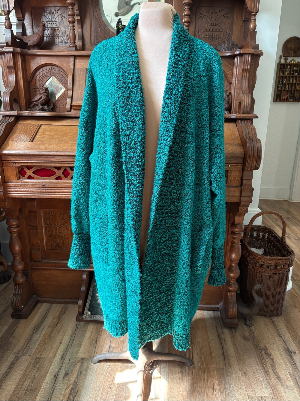 Cozy Vintage Retro 80s Open-Front Women's Teal Bouclé Sweater Cardigan